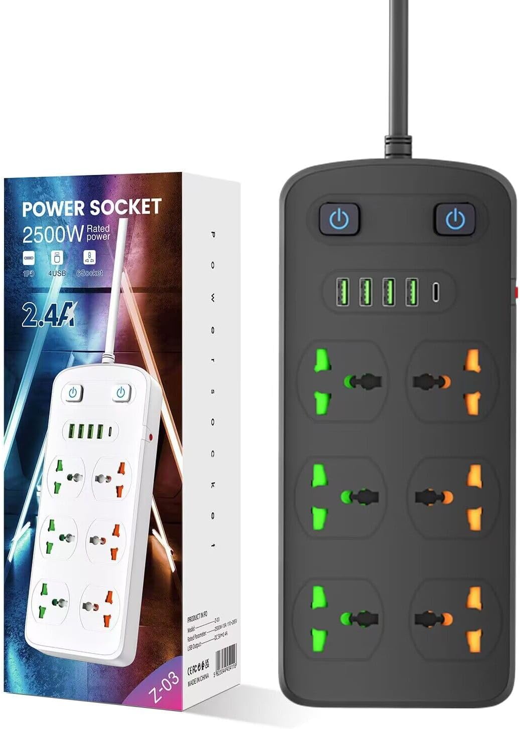 Universal Power Strip with USB and Type C Port, Surge Protector with 6 Universal Oulets and 4 USB, 110-250V, 6.5ft Extension Lead 2500W for European Travel, Home Office Black