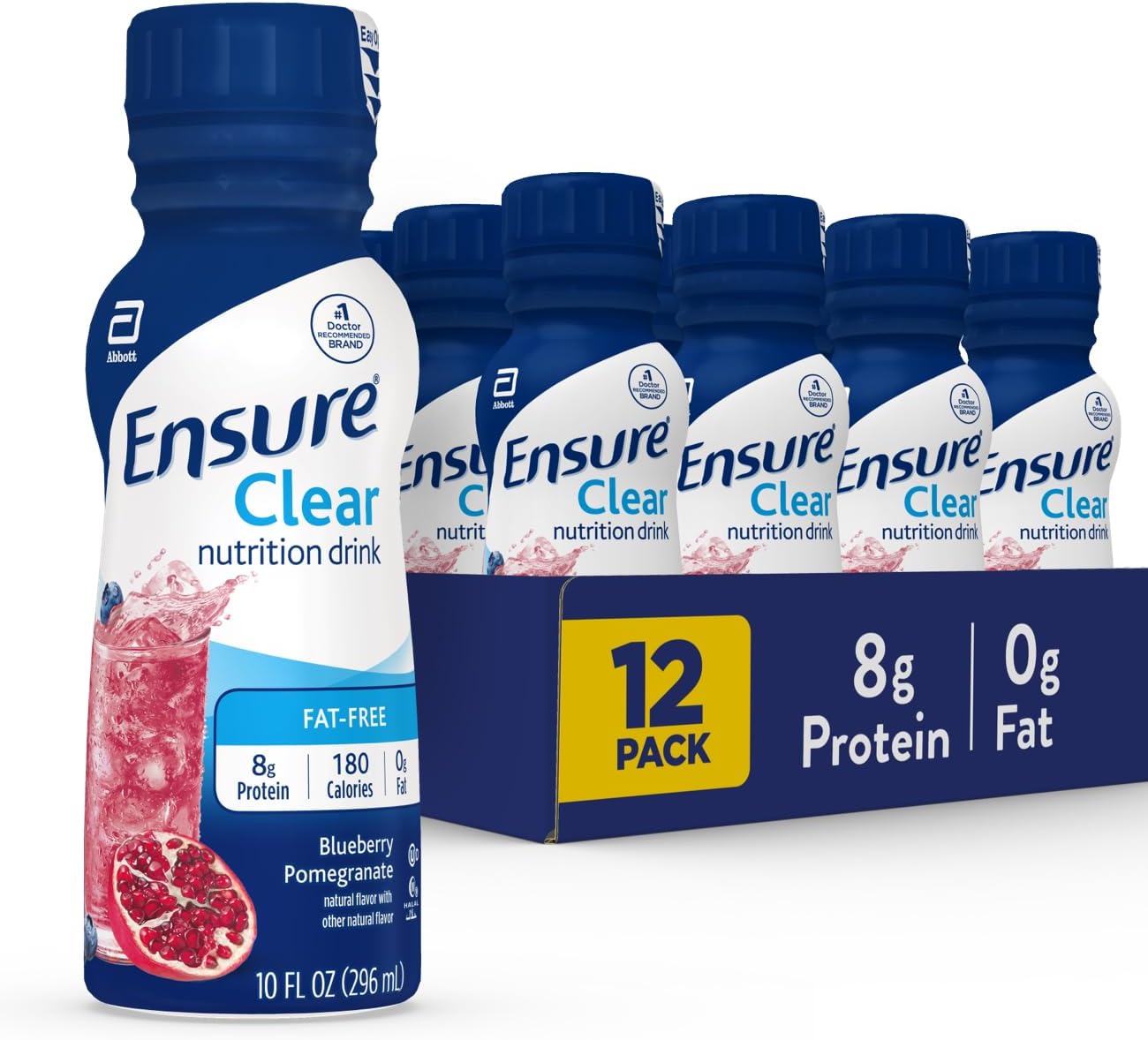 USE BY 1 APR 2025 Ensure Liquid Clear Nutrition Drink, 0g fat, 8g of protein, Blueberry Pomegranate, 10 Fl Oz (Pack of 12), Bottle, gluten free