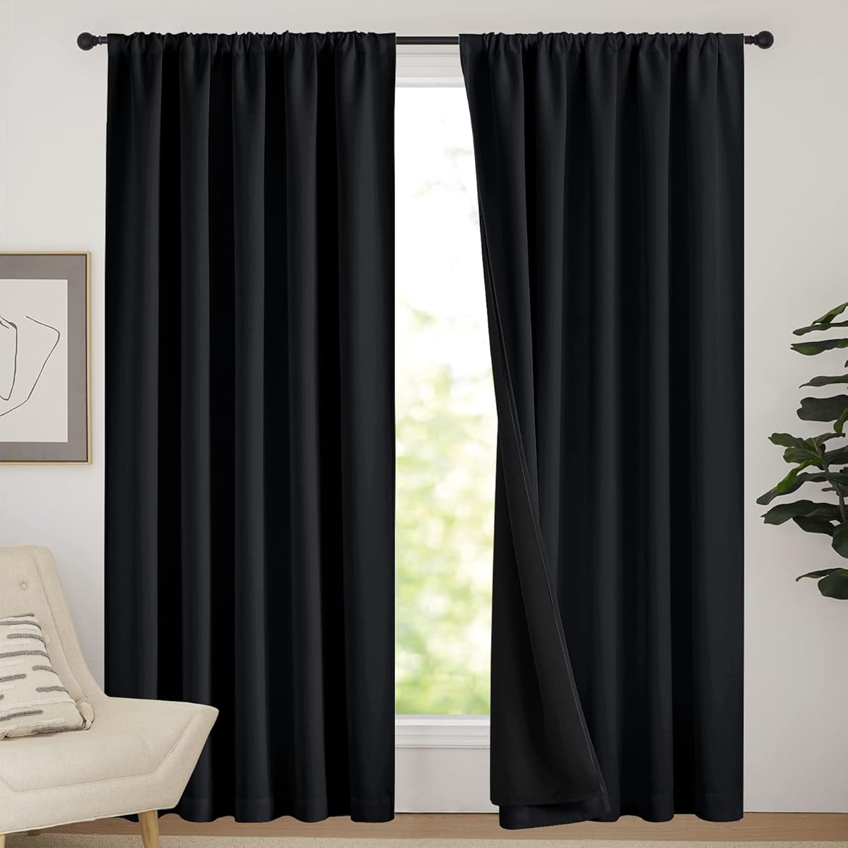 NICETOWN Cold Reducing Thermal Curtains, Full Blackout Curtains 84 Inches Long for Dining Room, Soundproof Window Treatment Drapes for Hall Room, Black, 62 inches Wide Per Panel, Set of 2