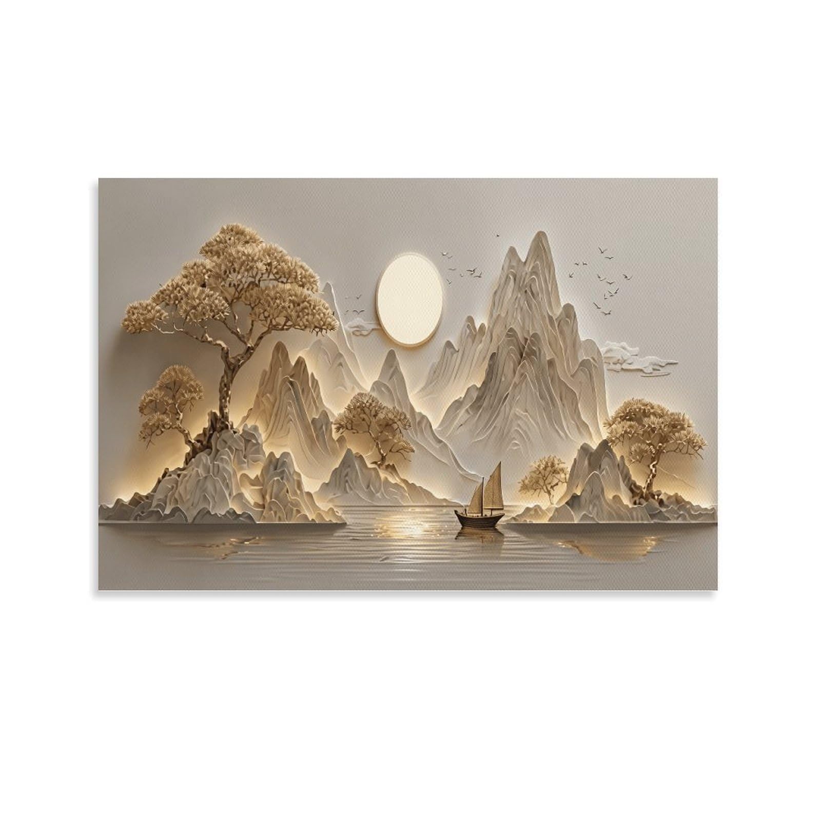 XPASHIQWC Relief Mountains Poster Artwork Lake Sailboat Canvas Prints Picture Modern Wall Art Picture Wall Hanging for Office Gym Living Room Decor 20x30inch(50x75cm)