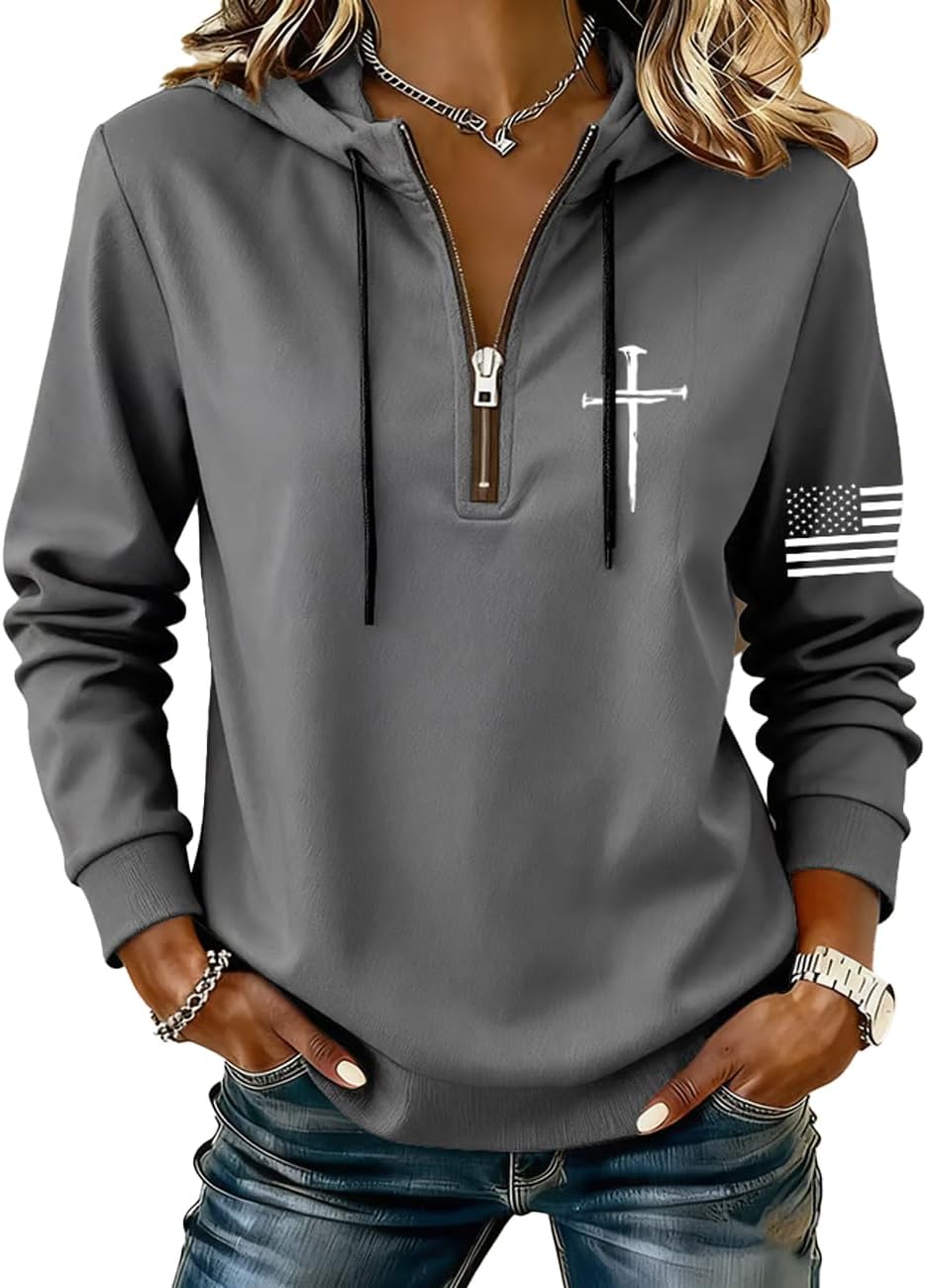 Women's Retro Faith Cross Sweatshirt Zip Up American Flag Cross Sweatshirt