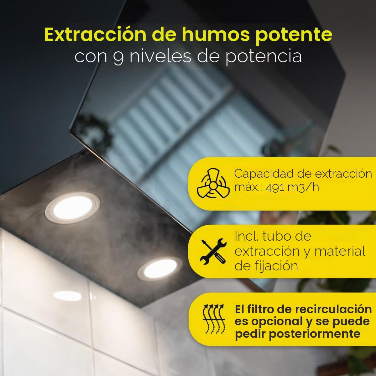 Bomann® Campana extractora 60 cm | recirculación o extracción de aire | campana de alcance | 9 niveles de potencia | campana inclinada | incl. filtro de aluminio de 5 capas | DU 7606.1