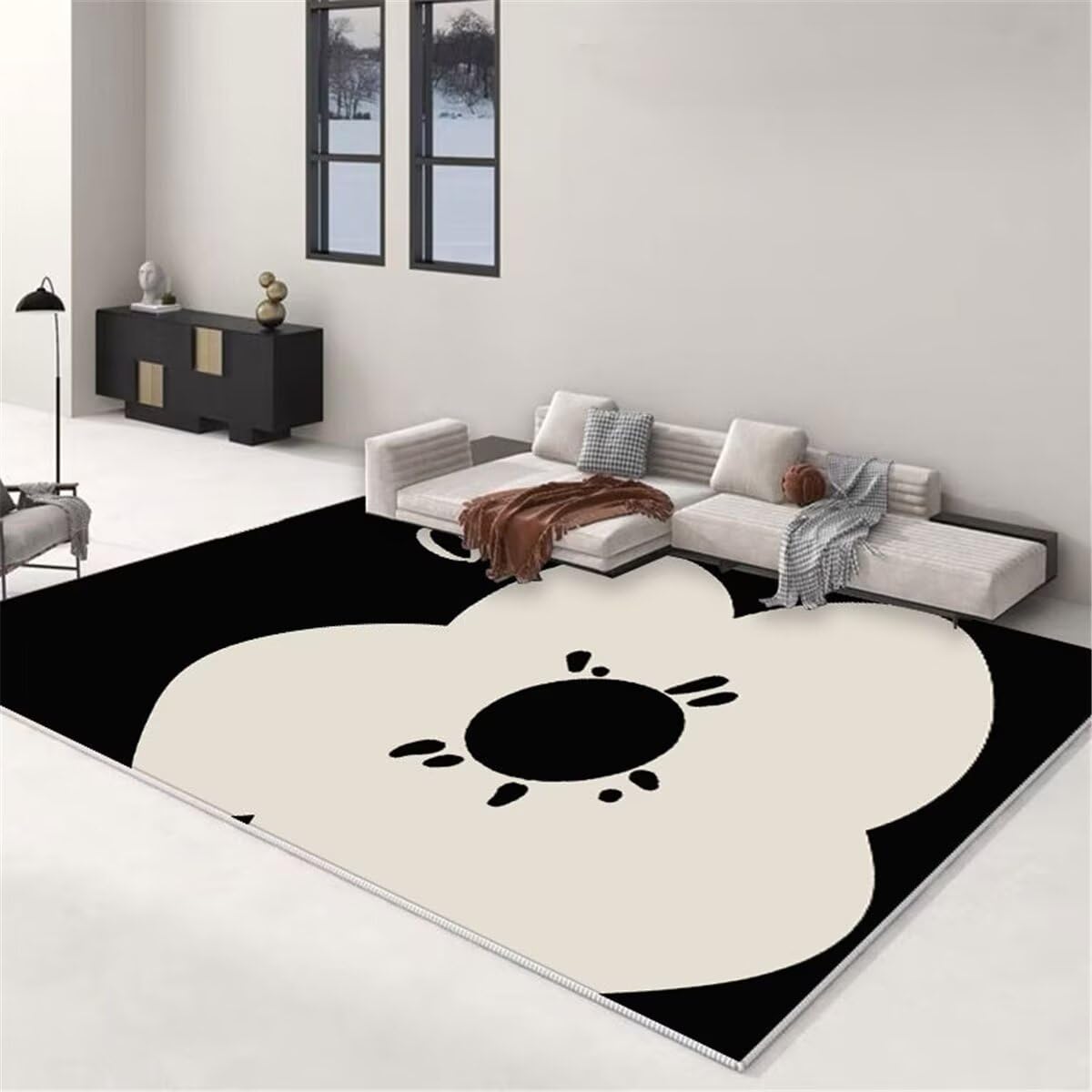 Tapis noir motif fleurs blanches 70x140 cm, moquette design pour une chambre moderne et confortable