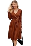 Womens 2025 Fall Dresses Teacher Church Business Casual Work Outfits Knit Midi Sweater Pockets Belt Dress