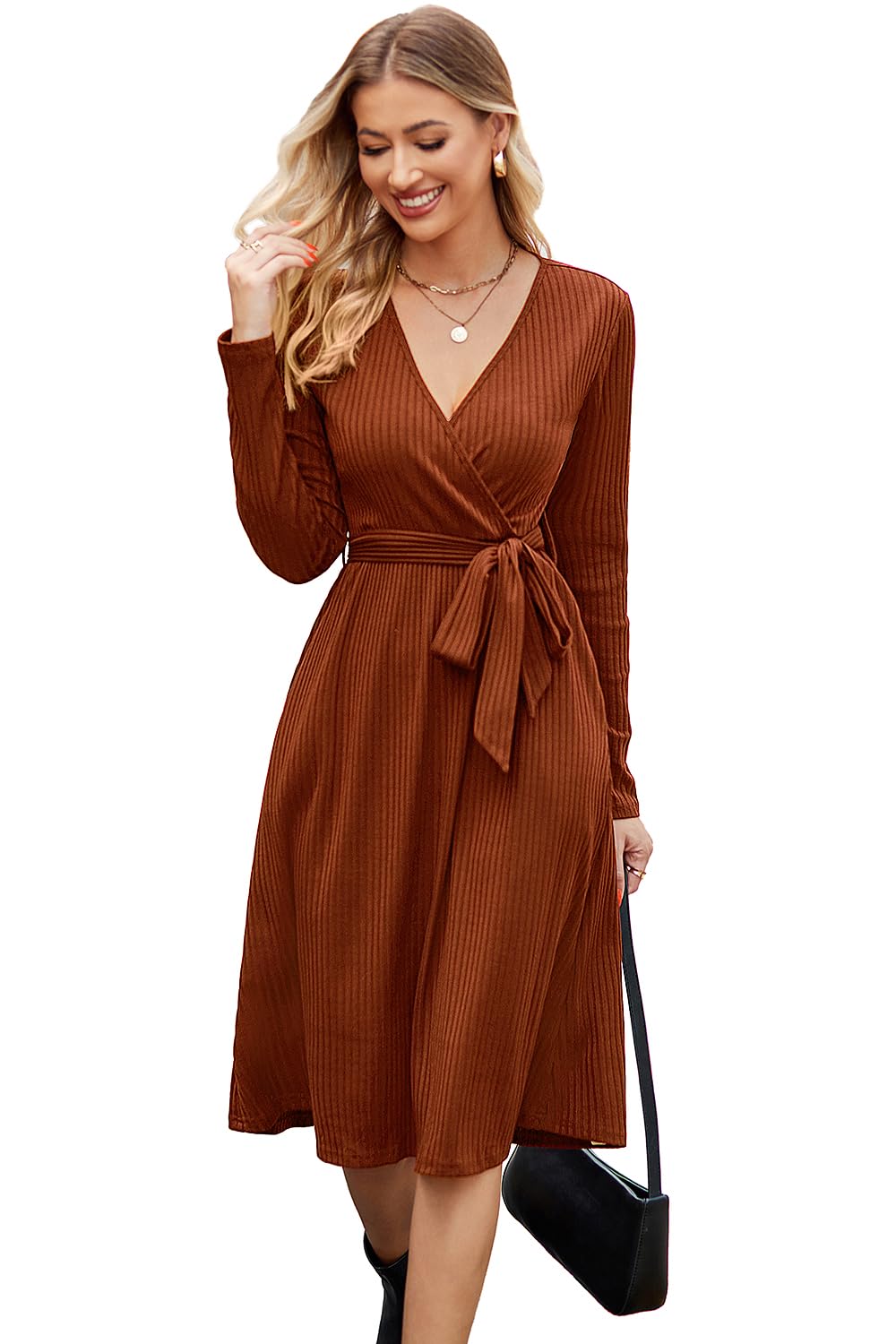 Newshows Jumper Vestido para Mujeres Manga Larga Cuello en V Señoras de Punto Elegante Suéter Vestido de Fiesta con Bolsillos