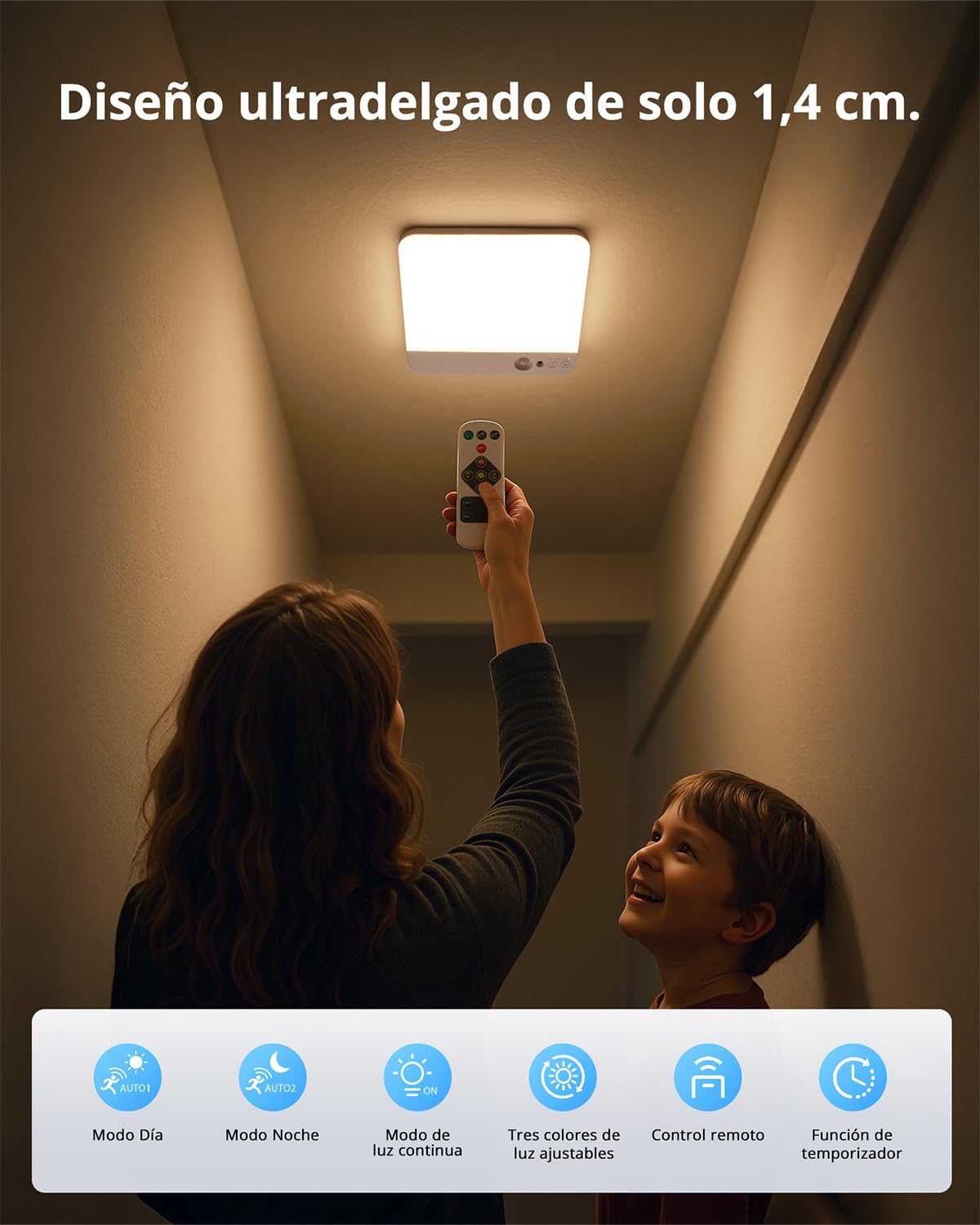 Combuh Led Plafon Baño Techo Bateria Sin Cables, Lampara Garaje Recargable con Sensor de Movimiento, Luz con mando sin taladro para Ducha, Terraza, Dormitorio, Cuadrado 2 Unidad