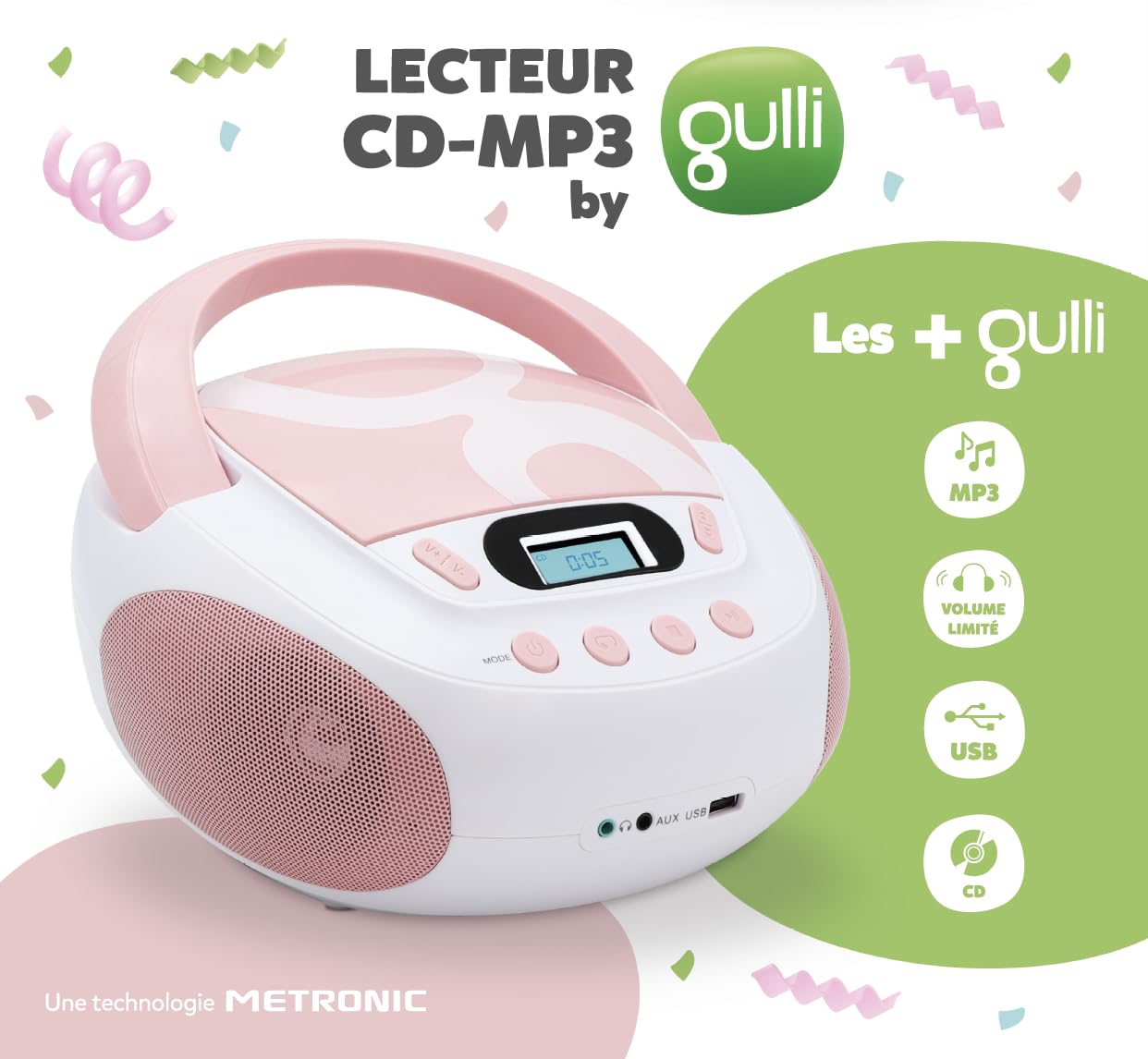 METRONIC 477408 Lecteur CD avec Port USB et Sortie Casque Rose Clair