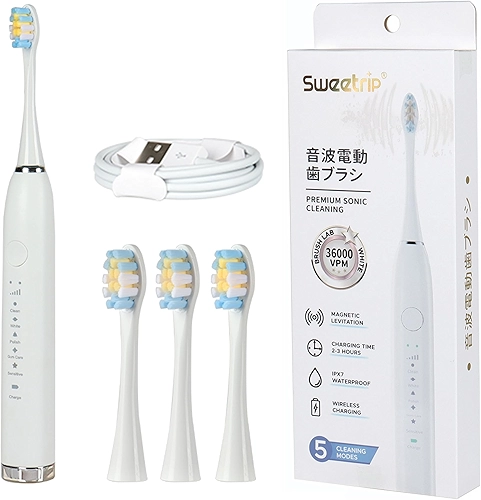 Escova Dental Elétrica para Adulto, 5 Modos Ultrassônicos, Limpeza Profunda, com 3 Cabeças Substituíveis, Recarregável e Portátil, 1 Unidade (Branco-2)