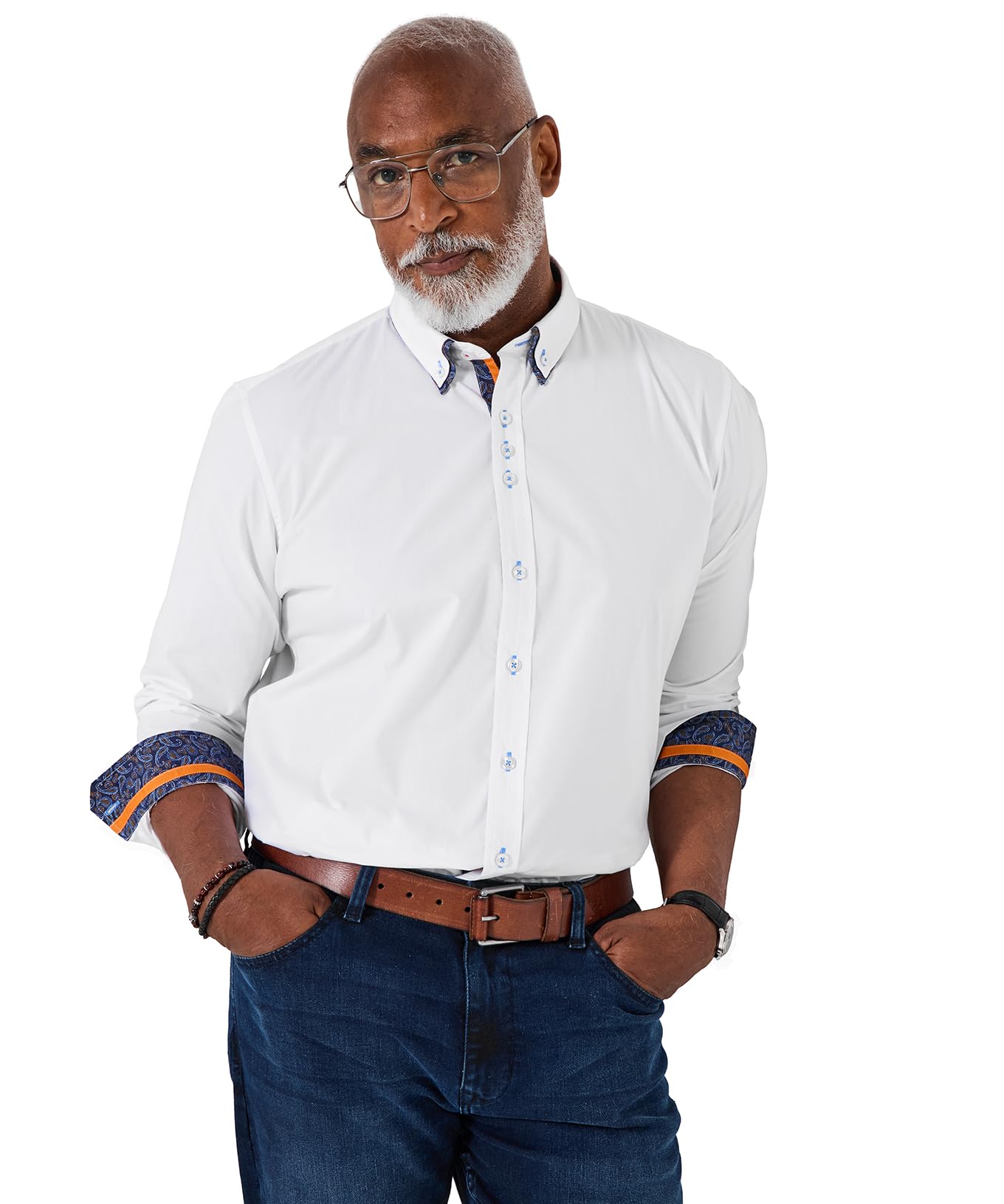 Joe Browns Male Contrasting Blue Printed Trim Double Collar Shirt, Regular, White, UK S