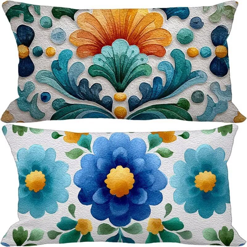 Pillows covers imperméables et doux motif fleur turquoise 50x80 cm pour banquette de terrasse