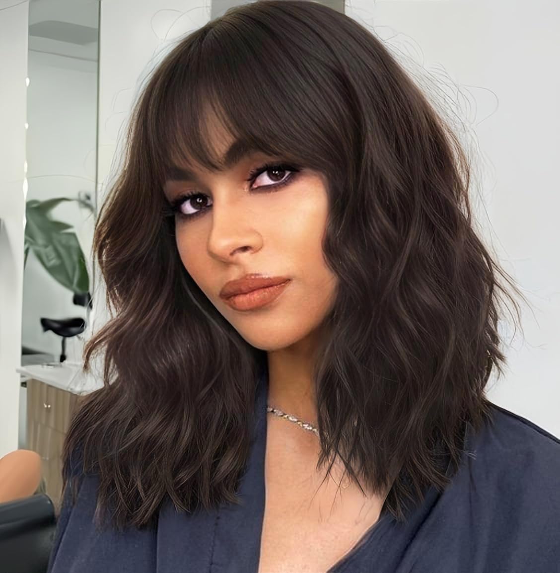 AISI HAIR Dark Brown Short Wavy Bob Wig with Air Bangs for Women Black Mixed Brown Curly Synthetic Hair Wig Charming Natural Looking Shoulder Length Heat Resistant Bob Wigs for Daily Costume Use