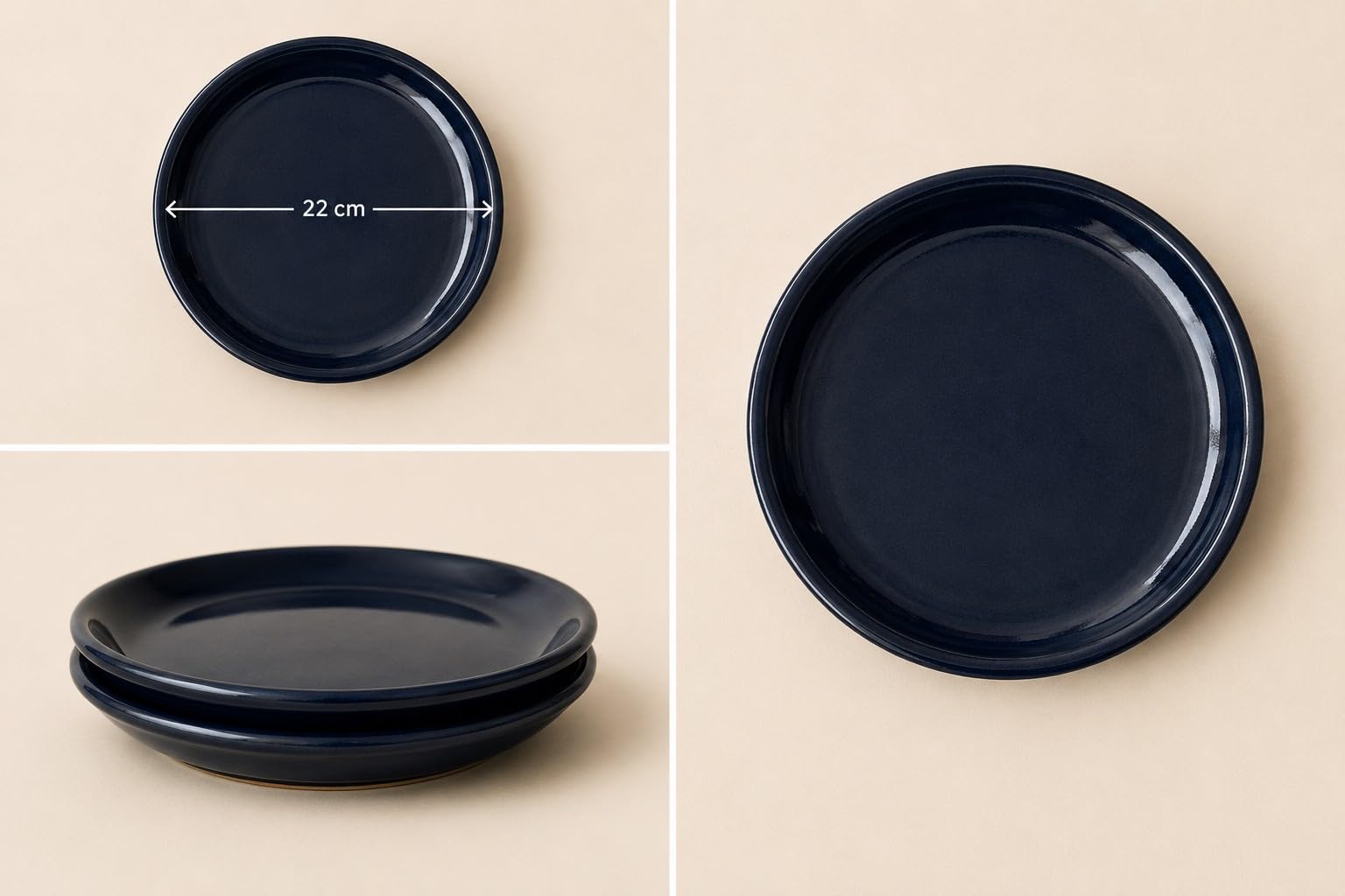 Keramikteller-Set 4-teilig Glasiert 22 cm | 2 flache Teller, 2 tiefe Teller, Glänzende Glasur, Für 2 Personen, Für Pasta & Salate