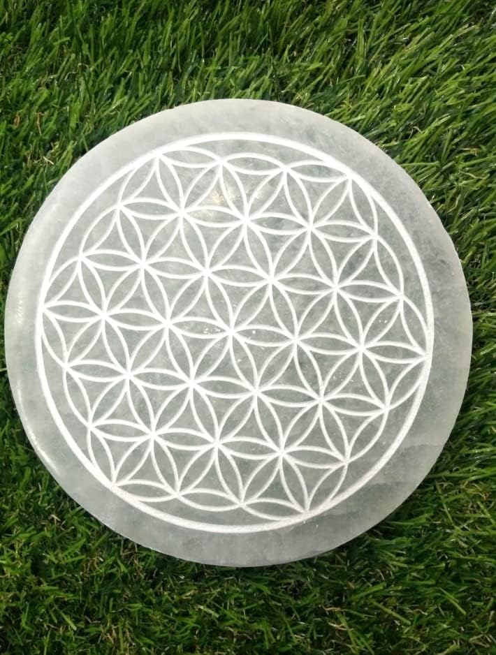 crystalmiracle Selenite 3″ Etched Round Charging Plate Crystal Healing Reiki FENG Shui Gemstone Gift Positive Energy Meditation Wellness Handcrafted