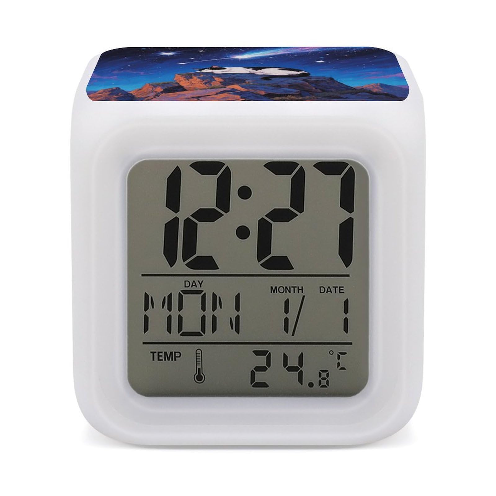 VstaDank Sleep Cat Alarm Clock Sleep Trainer 7 Color Changing Night Light Modern Touch Bedside Lamp Fashion Digital Clock with Temperature Display Wake Clocks for Loud Alarm