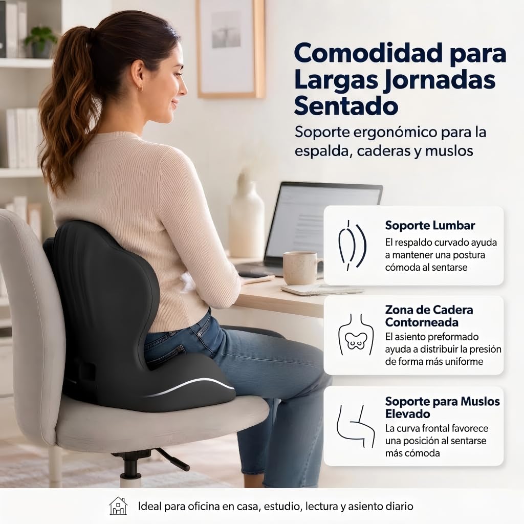 Cojín de asiento ergonómico y soporte lumbar, respaldo de espuma viscoelástica en forma de L para silla de oficina, coche y hogar, corrector de postura integrado con funda lavable (Negro y gris)