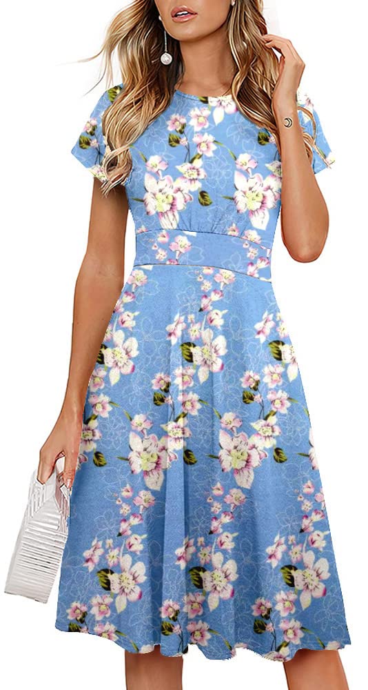 HOMEYEE Women's Short Sleeve Floral Casual Aline Midi Dress A102(10,Light  Blue Floral) at Amazon Women’s Clothing store