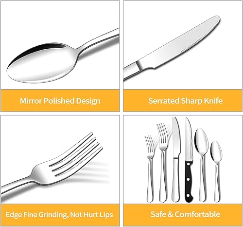 Miniatura 4 de ENLOY Juego de cubiertos de 24 piezas con cuchillos para carne, cubiertos de acero inoxidable, incluye cuchara tenedor y cuchillo, pulido con