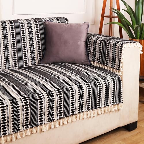 Image of STITCHNEST Woven 2 Seater Sofa Protector with 2 Hand Rest Covers - Black & White Stripe Design - Washable Fabric with Tassels - Stylish Sofa Cover for Modern Living Room & Furniture Decor