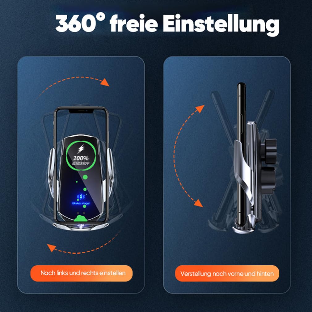 Kabellos aufladbarer Telefonhalter, 15W Handyhalterung Auto mit Ladefunktion, 360° Drehbar Handyhalterung, Fast Wireless Charger, Induktive Ladestation Auto Kfz Handy Halterung für Lüftung (Blau)