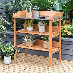 Safstarpottingbenchworkstationwithfirwoodconstructionmetaltabletopgardenplantingtablewopenshelvesandhanginghooksgardeningtablepottingtableforoutsidebackyardbalcony  Urban Country Home Decor S afstar potting bench work station with fir wood construction metal tabletop garden planting table wopen shelves and hanging hooks gardening table potting table for outside backyard balcony  urban country home decor