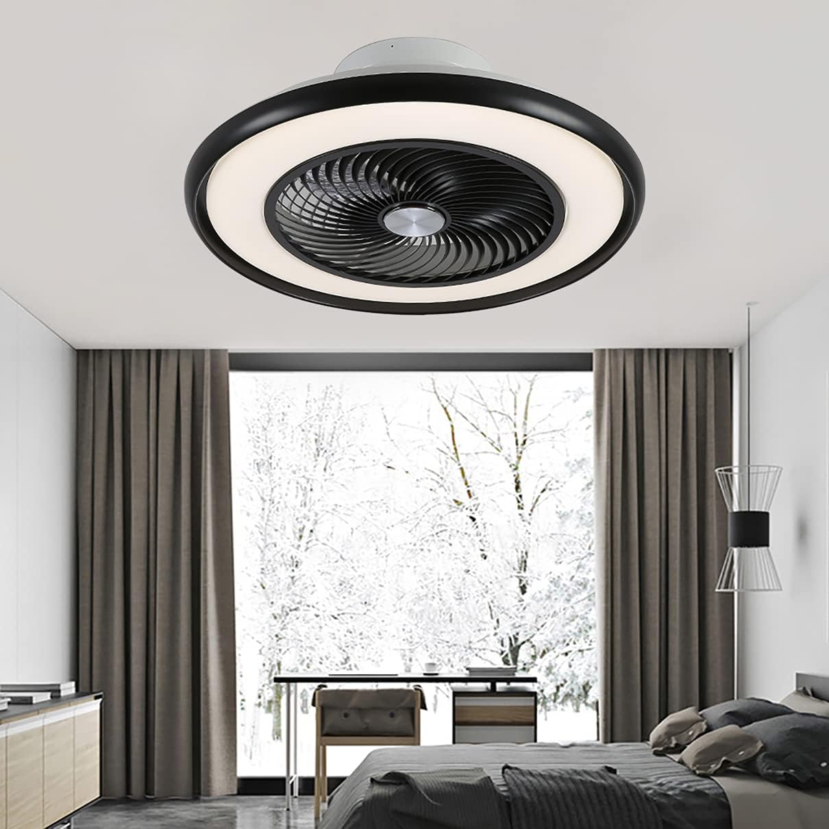 YUEGOO Bedroom Fan with Ceiling Light and Remote Control Mute Fan Lighting 3 Speeds Led Dimmable Ceiling Fan Light 72W Modern Living Room Quiet Fan Ceiling Light/Black