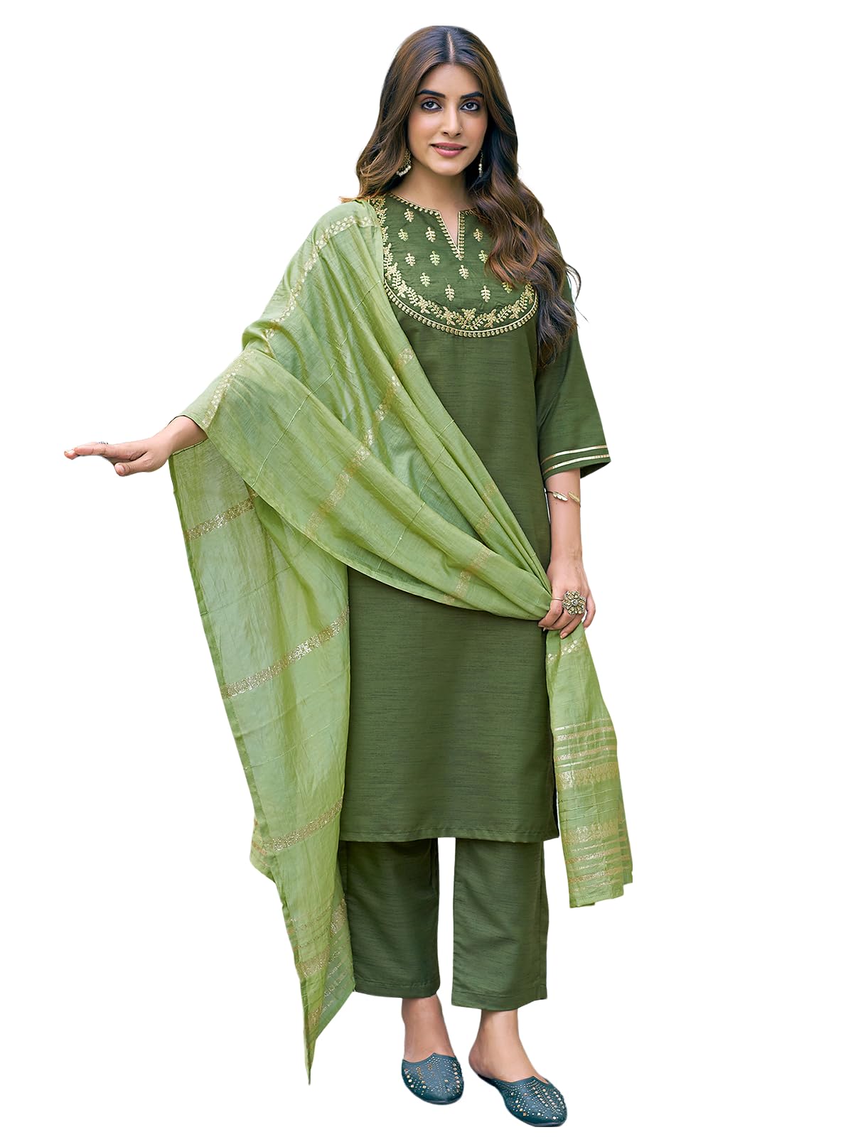Sanisa Women's Art Silk Embroidery Work Straight Kurta With Pant And Dupatta Set| Ethnic Set | Suit Set | Kurta Set(138Kbd1485N-S_Olive Green)