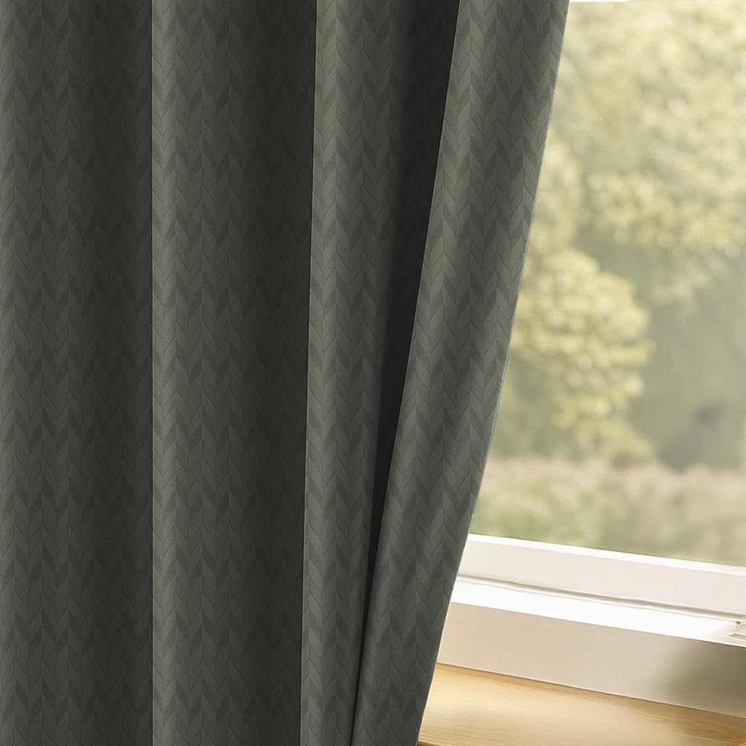 LINENWALAS 100% True Blackout Curtains 6 Feet Long - Set of 2 Panels, Herringbone Embossed Design Complete Light Block Thermal Insulated & Noise Reducing Room Darkening Curtains (Graphite Grey)