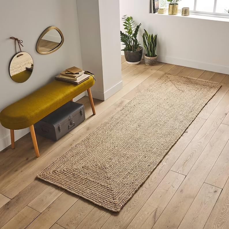 THE PIKKU INTERNATIONAL - Jute Rug Runner Design Hand Braided Rectangle Area Rug Living Room Hallway Carpet (75 x 390 cm)