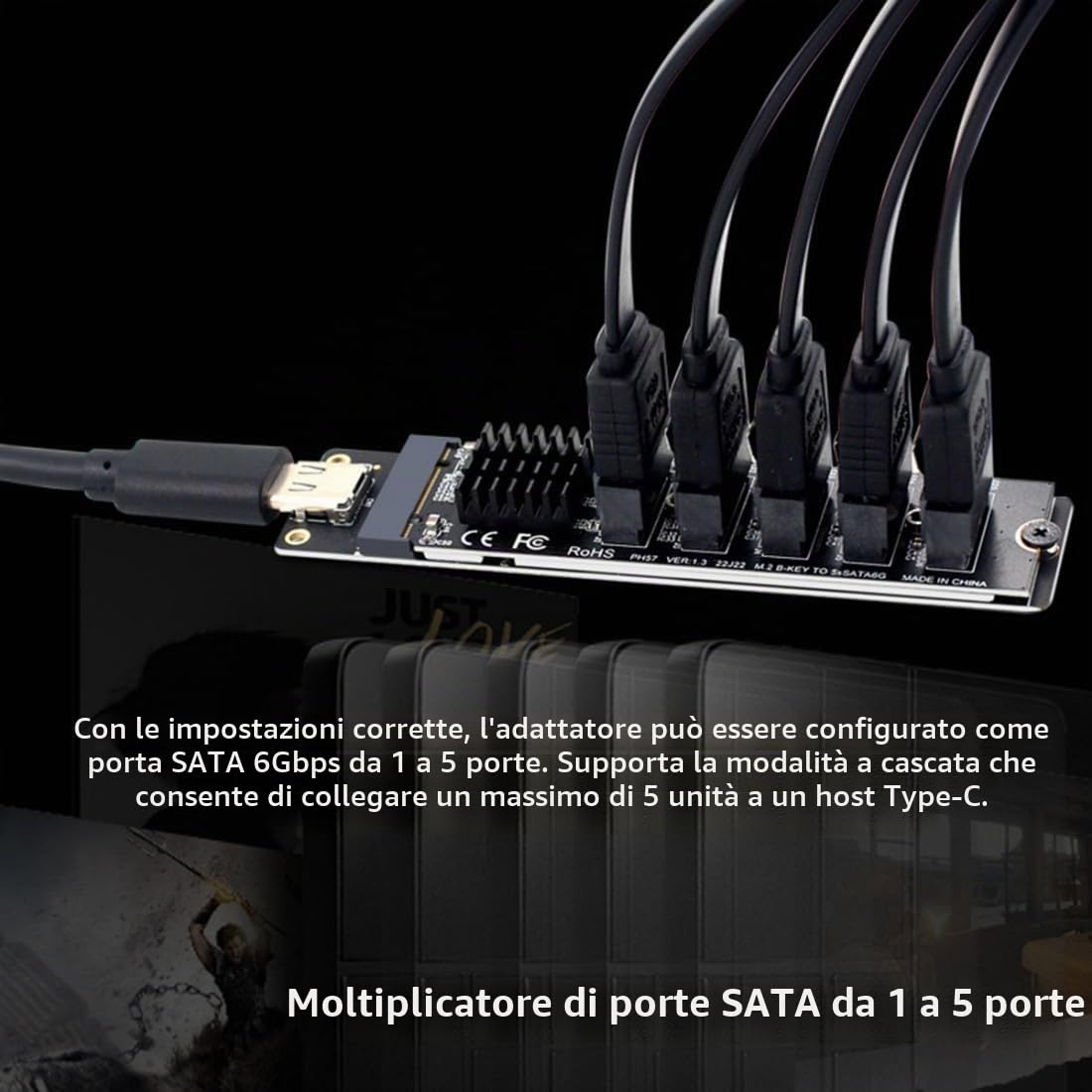 chenyang USB 3.1 Gen 2 a 5 SATA 3.0 Port Multiplier Extension Card Adapter per scheda madre SATA Hard Drive Port Extension con chipset JMB575 JMS580