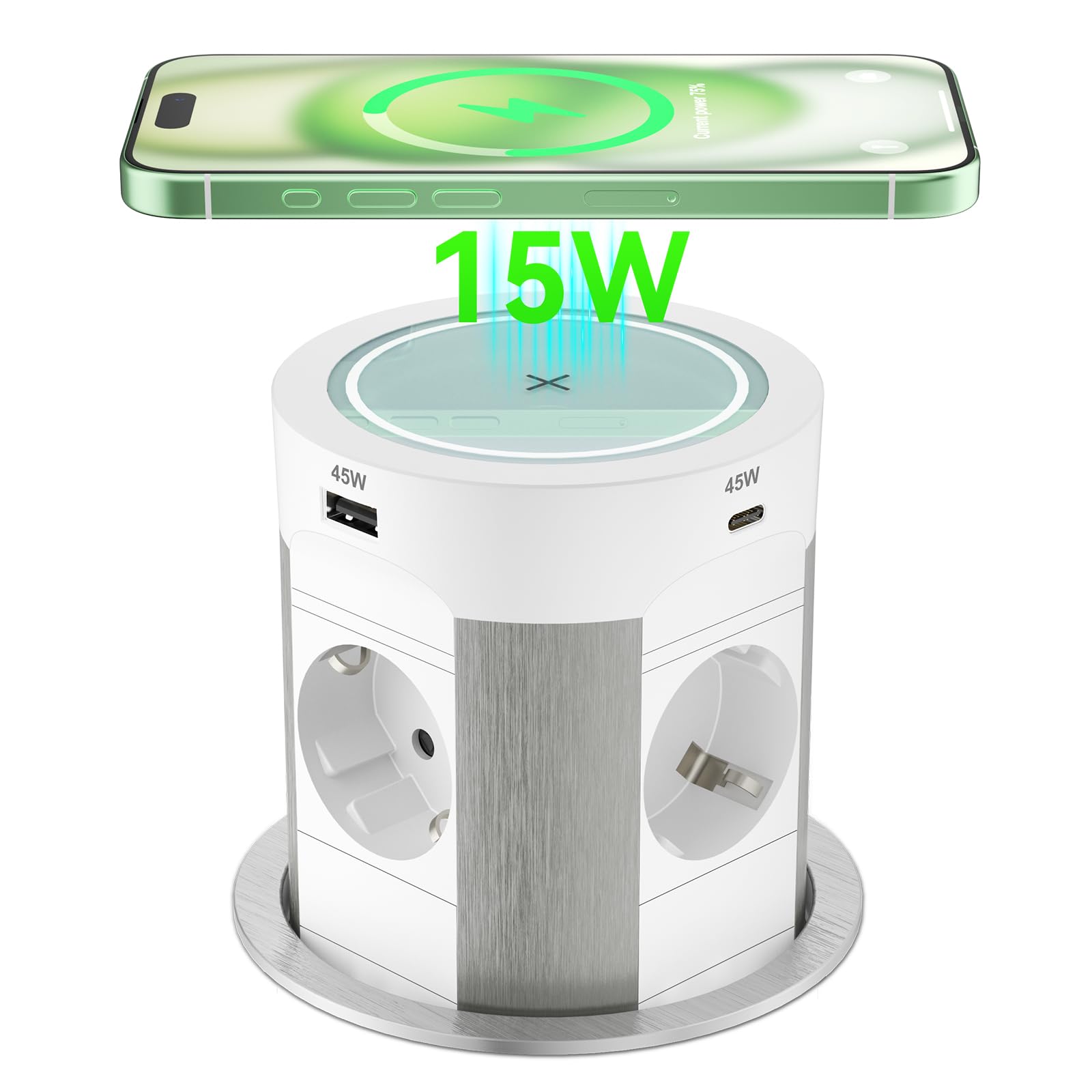 Presa a scomparsa con USB C PD 75 W, 4 prese da incasso con caricatore wireless da 15 W, presa da tavolo a scomparsa per piano di lavoro cucina, cavo da 1,8 m, bianco