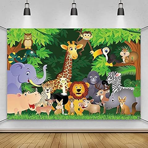AWERT Polyester 6x3.6ft Cartoon Jungle Animals Banner Jungle Safari Theme Birthday Banner Cartoon Elephant Giraffe Lion Forest Birthday Party Decorations Backdrop Cover