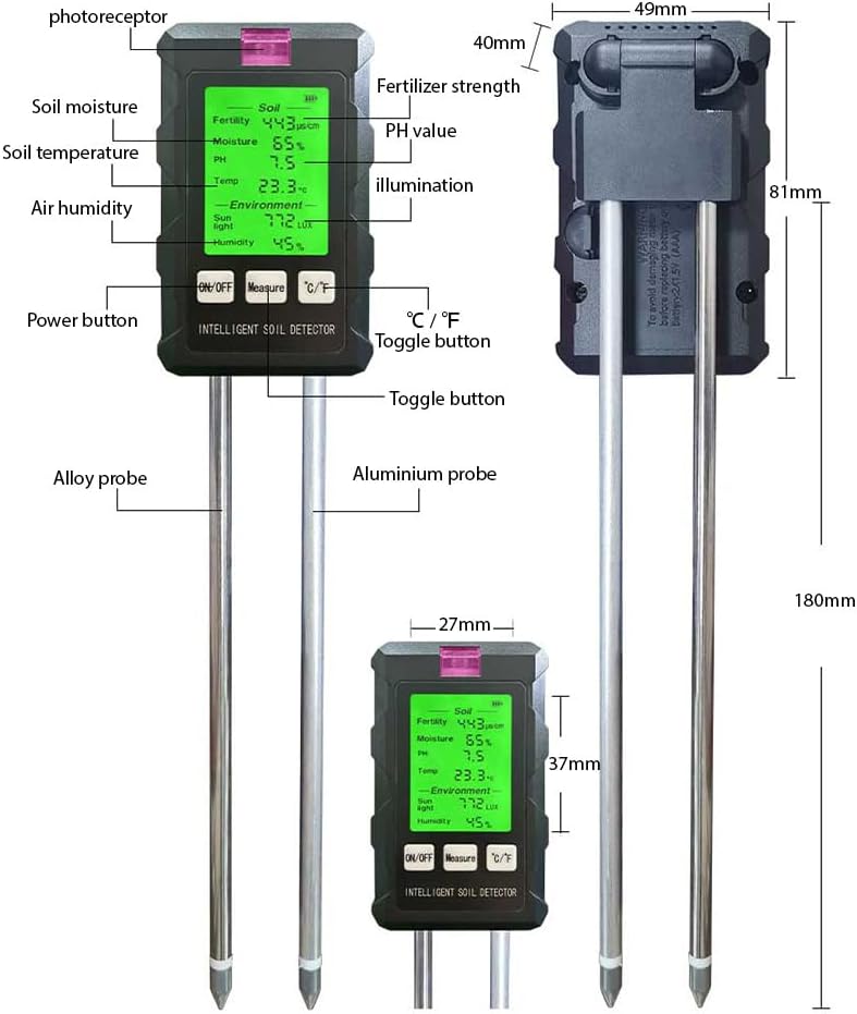 Labeled diagram of the Splenssy 6-in-1 Soil Tester showing its parts: photoreceptor, power button, alloy probe, aluminium probe, fertilizer strength, pH value, illumination, toggle button, soil moisture, soil temperature, air humidity, and dimensions.