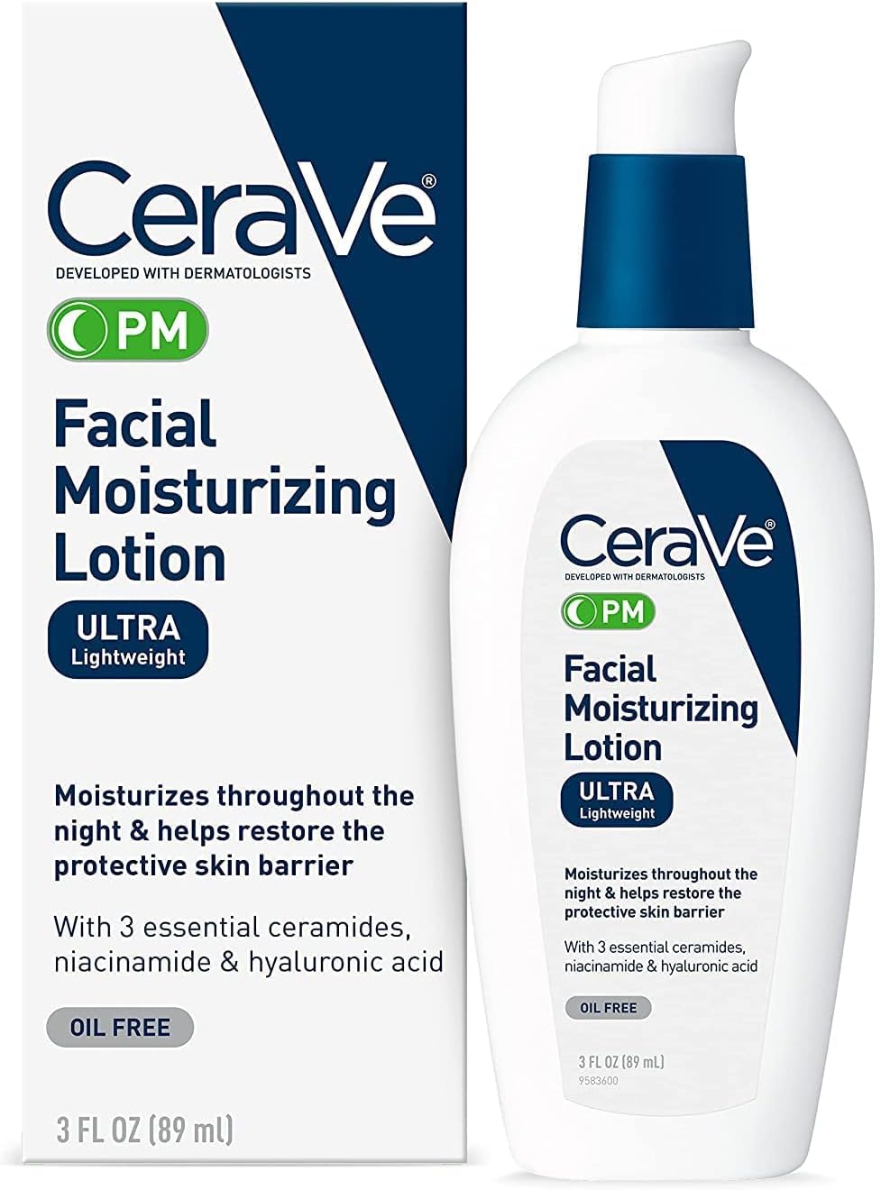 Lotion hydratante pour le visage CeraVe PM | Crème de nuit à lacide hyaluronique et à la niacinamide | Hydratant ultra-léger et sans huile pour le visage | 89ml