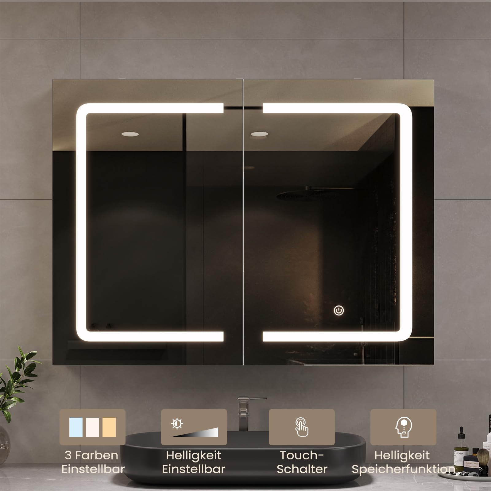 DICTAC Badezimmer spiegelschrank mit Beleuchtung 80x60x16cm Spiegelschrank Bad mit LED und Steckdose 80 cm Breit Doppeltür Badschrank mit Spiegel und Ablage,Hängeschrank,Berührung Sensorschalter,Weiß