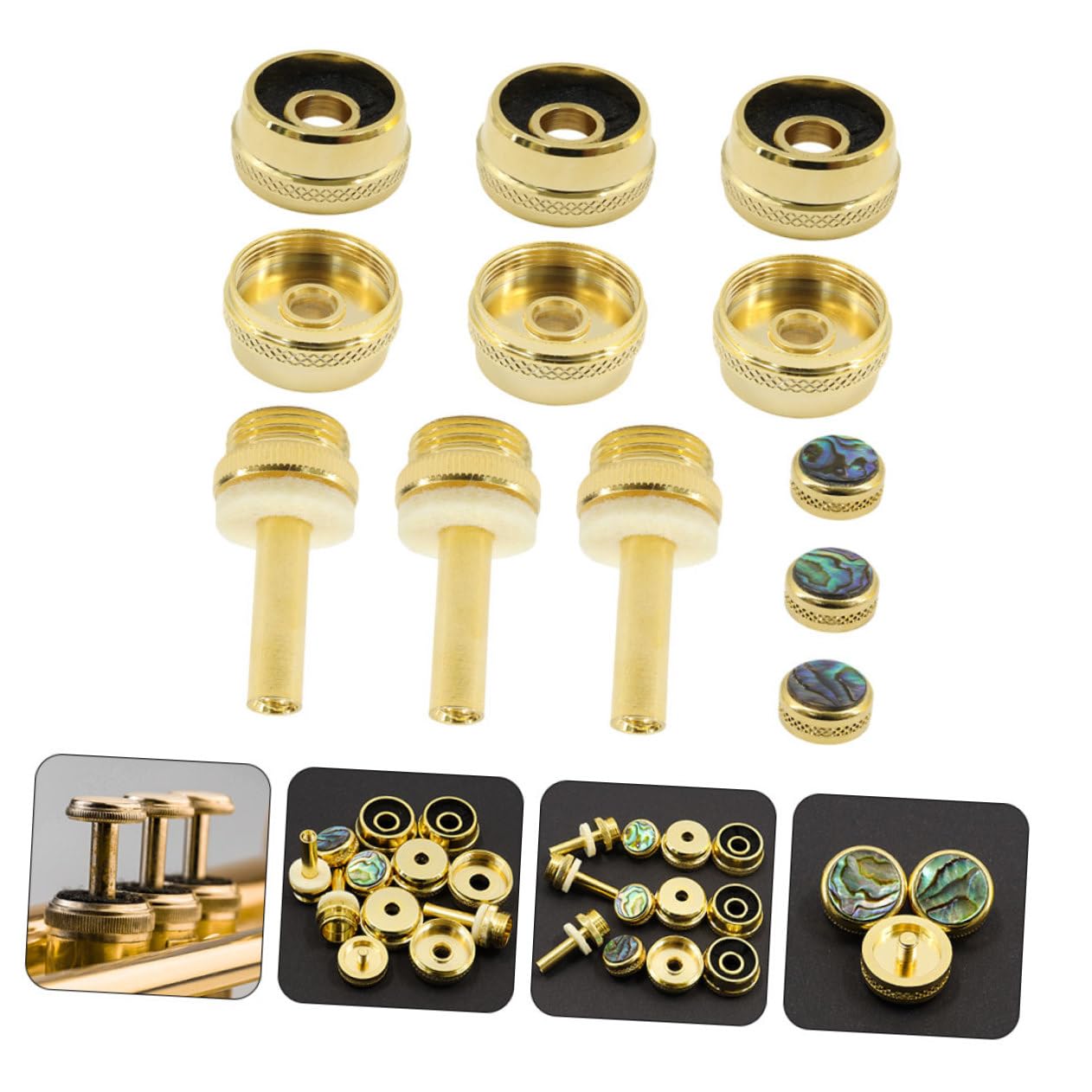 Toyvian Botones de Pistón para Trompeta, Metal Dorado, Repuesto para Músicos, Kit de Reparación Tapas y Varillas, Accesorios de Instrumento