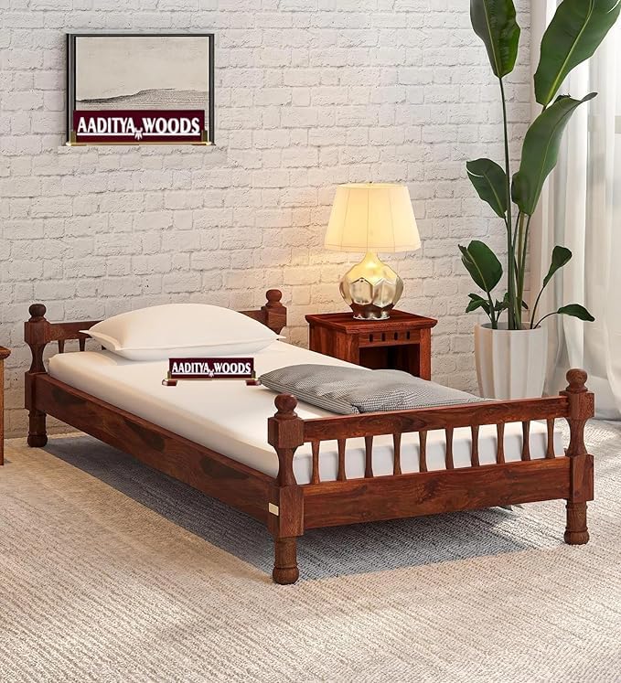Image of AADITYA WOODS Solid Sheesham Wood Single Bed Cot Without Storage | Single Size Bed for Bedroom | Mahogany Finish