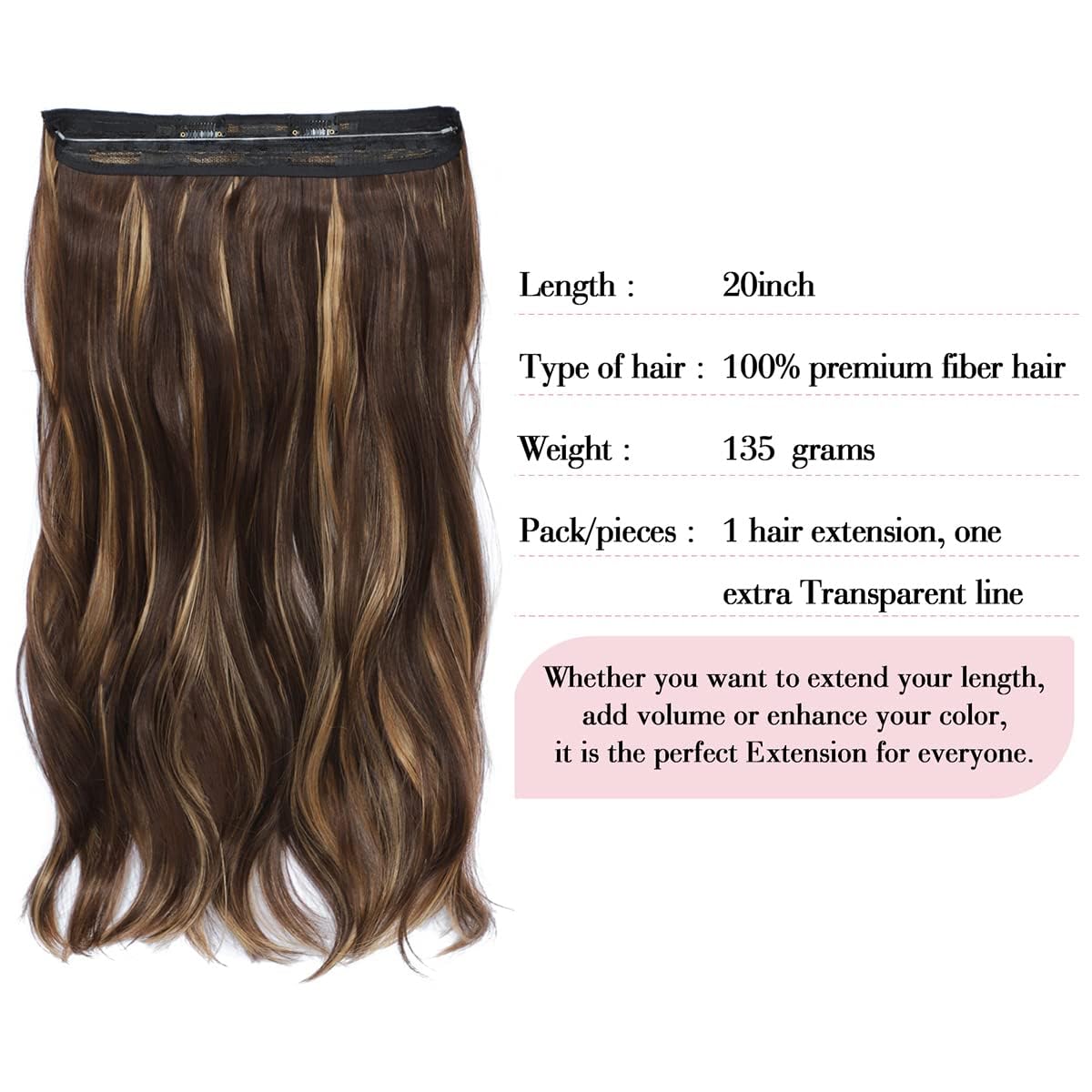 Invisible Wire Brown Hair Extensions with Caramel Blonde Highlights, 20 Inch Wavy Pieces - Image 2