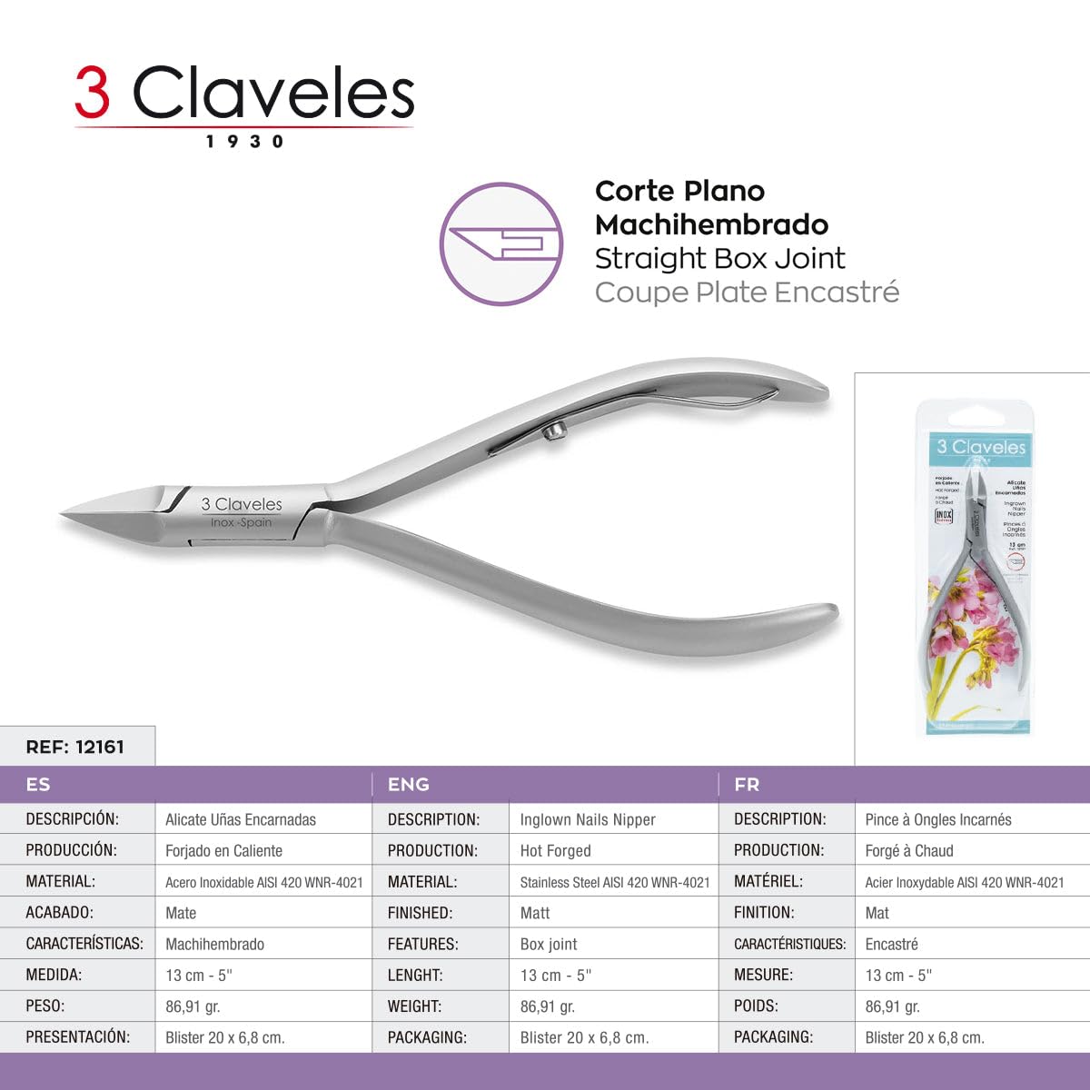 3 Claveles 12161 Alicate para Uñas Encarnadas de 13 cm