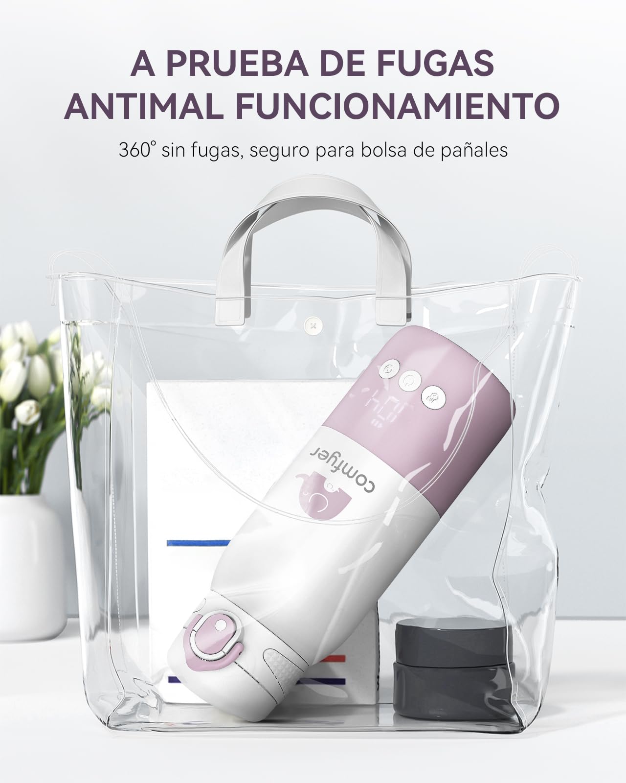 Comfyer Calienta Biberones Portatil para Viaje, Calentamiento Rápido y Larga Duración de la Batería, 2 Modos para Leche Materna y Agua, 340ml de Capacidad para Viajes Morado y blanco