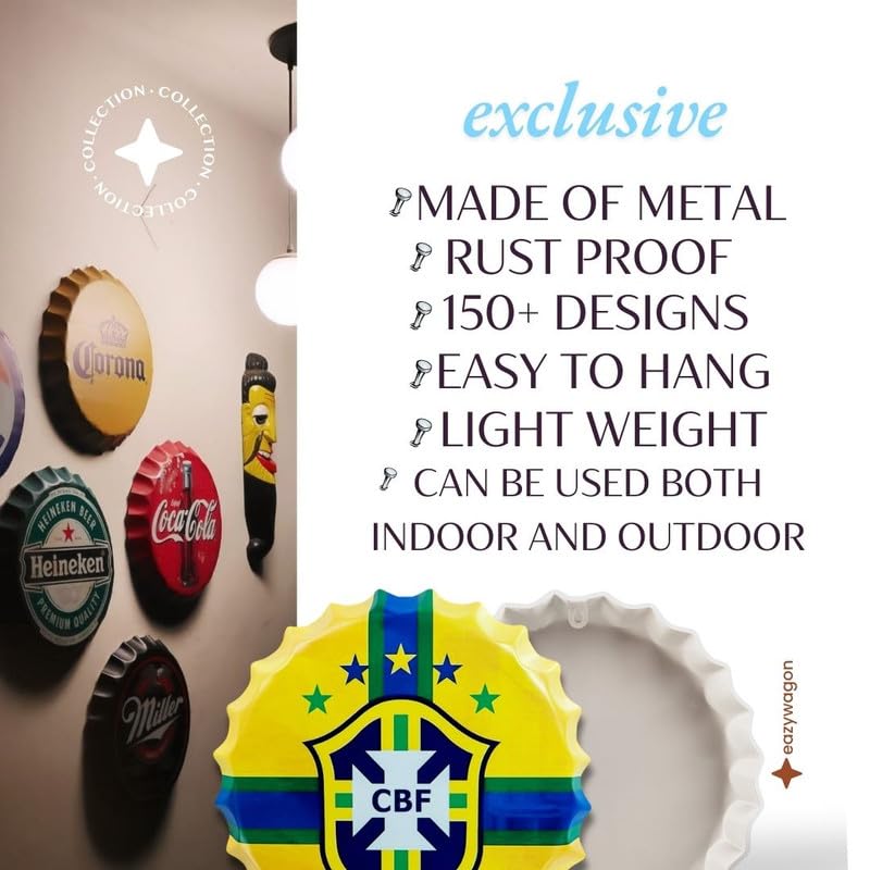 Image of EAZYWAGON Decorative Metal Bottle Caps Wall Sign Plates - 14X14 Inches - Brazil CBF | Metal Wall Hanging Bottle Cap for Home, Farmhouse, Bar & Cafe Decoration | Vintage & Retro Look Plaques