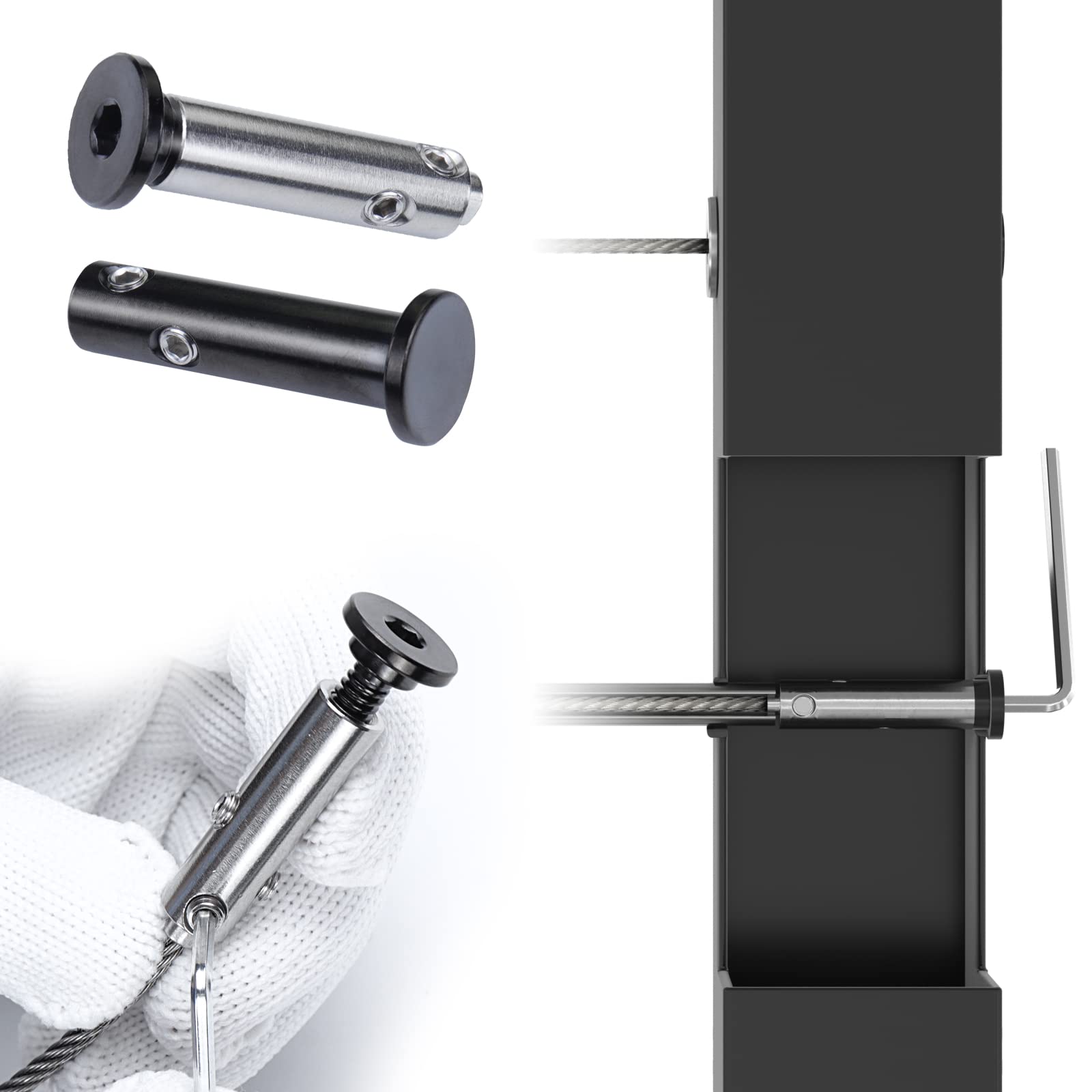 Muzata 10Pairs Black Invisible Cable Railing Kit 1/8" Swageless Tensioner and Terminal Flat Head Hidden for 2"x2" Metal Post Deck Stairs NiceView System CB05,CV2 CL1