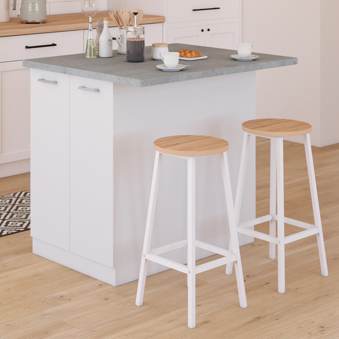 IDMarket - Ilot Central IVO 100 cm Blanc avec Plan de Travail Effet béton