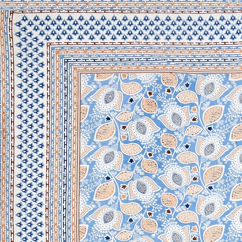 Image of Urban Jaipur 100% Cotton Bedsheet for Double Bed (90 x 108 Inches) | 210 TC King Size Bed Sheet for Double Bed with 2 Pillow Covers | Pure Cotton Jaipuri Bedsheet (Blue, Brown)