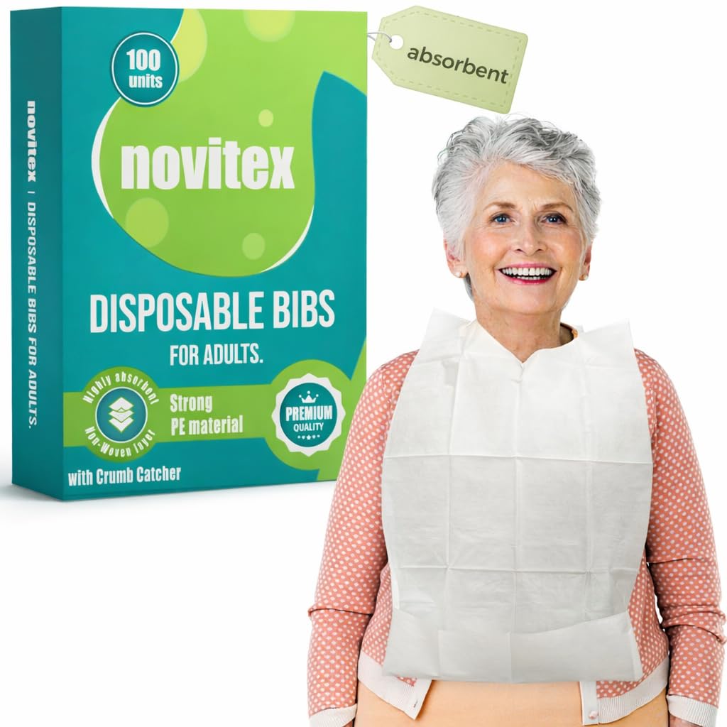 novitex Disposable Bibs for Adults - Large, Firm PE Plastic, High Absorbent Bib with Pocket- Ideal for Adult: Men, Women & Senior- Great for Eating &