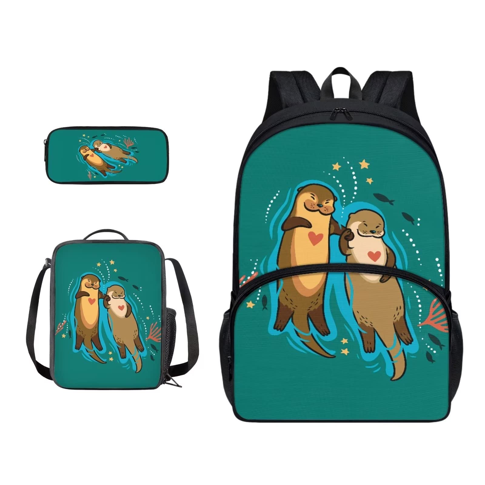 Poceacles Schultasche und Lunchbox-Set für Teenager, Jungen, Grundschule, Büchertasche, Federmäppchen für Grundschulkinder, Otter, Einheitsgröße