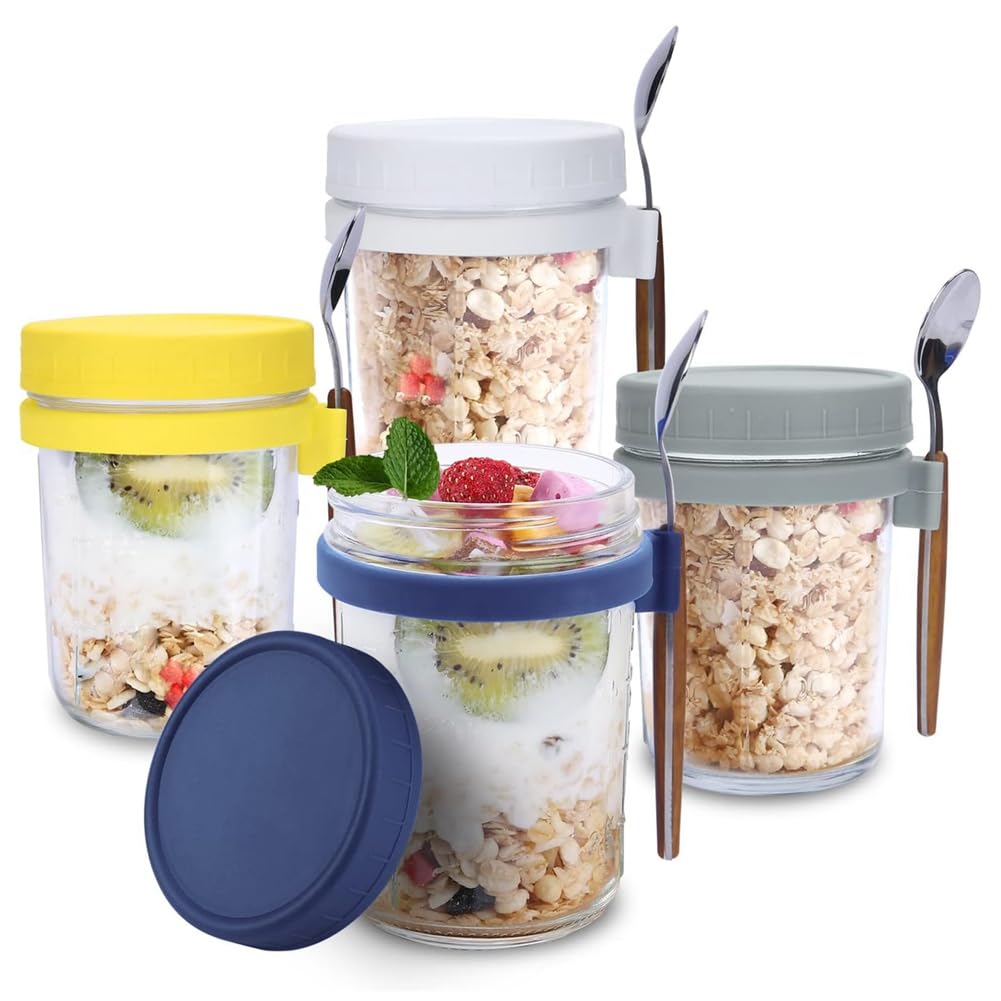 ZDSFSD 4Pack Overnight Oats Jar Glass With Lids And Spoons, Reusable Glass Overnight Oats Container With Measurement Marks