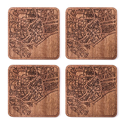 Singapore Map Coaster by O3 Design Studio Set Of 4 Sapele Wooden Coaster With City Map Handmade