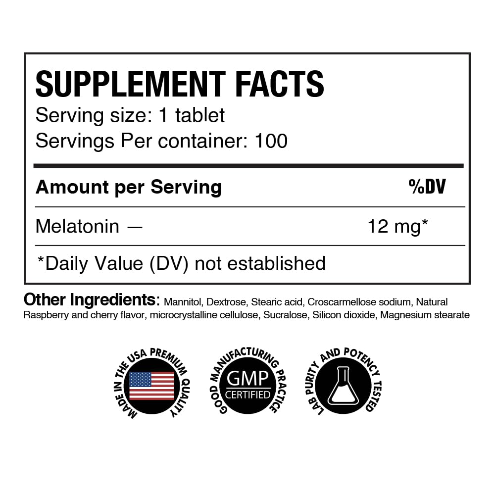 Melatonin Fast Dissolve 12mg Tablets, Natural Berry Flavor, 100 Count, Extra Strength Sleep Support for Adults, Non-Habit Forming, 100-Day Supply — Amazon image 2
