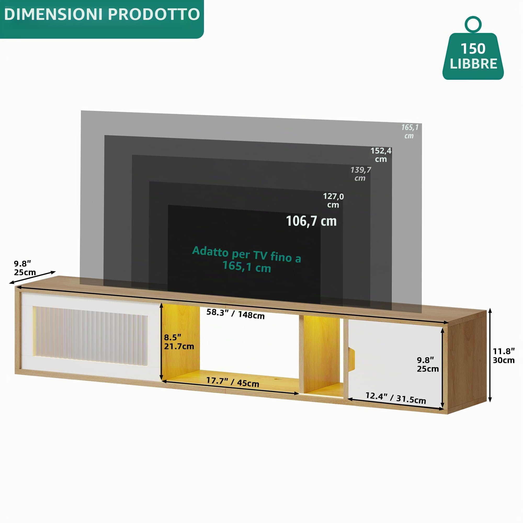 YITAHOME 148 cm Mobile TV Supporto TV sospeso in sospeso supporto TV per TV fino a 65 pollici con 7 RGB LED 22 modalità luci Centro di intrattenimento con porta per soggiorno e camera da letto