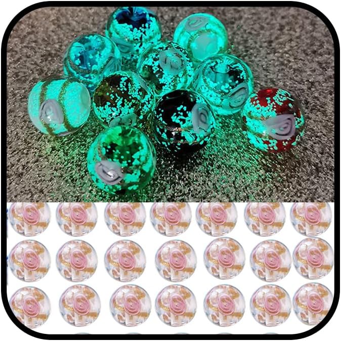 8mm 200pcs Glow in The Dack Glass Beads Round Spacer Loose Beads with Holes for Jewelry Making Bulk Lampwork Solar Unique DIY Lampwork Beads Crafts Gold Spacer Beads Kit (Pink)